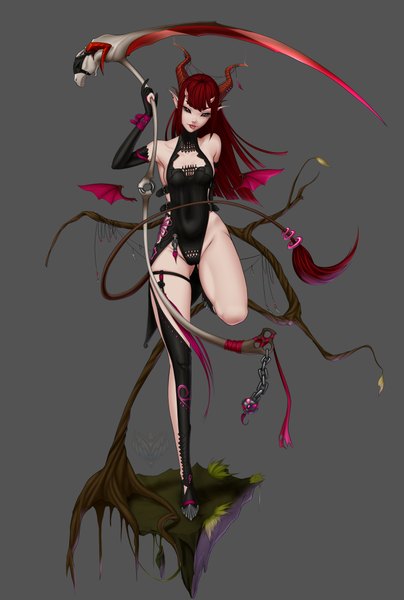 Anime picture 2980x4416 with forgotten-wings single long hair tall image looking at viewer fringe highres light erotic simple background red eyes standing bent knee (knees) red hair horn (horns) pointy ears black eyes grey background piercing standing on one leg ear piercing
