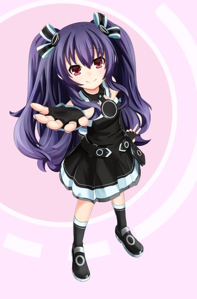 Anime picture 1679x2543 with choujigen game neptune uni (choujigen game neptune) grav single long hair tall image looking at viewer smile red eyes twintails blue hair girl dress gloves bow hair bow fingerless gloves