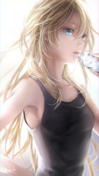 Anime picture 900x1600 with new game! doga kobo yagami kou nemumi no sora single long hair tall image fringe open mouth blonde hair simple background hair between eyes white background holding looking away upper body armpit (armpits) messy hair girl water