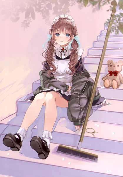 Anime picture 2097x3011 with original puracotte single long hair tall image looking at viewer blush fringe highres open mouth blue eyes sitting twintails full body bent knee (knees) blunt bangs scan off shoulder open jacket maid