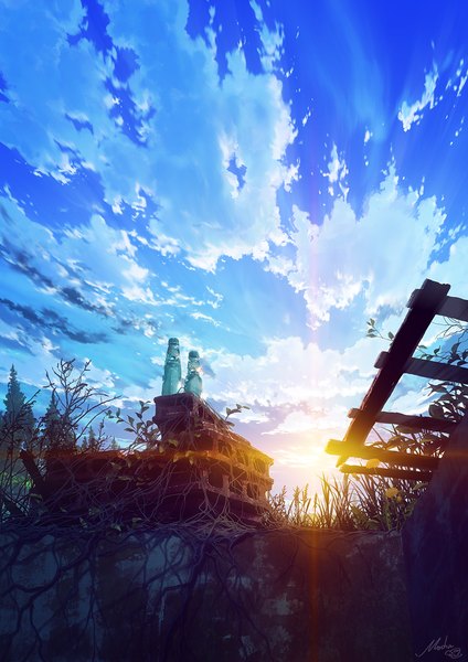 Anime picture 926x1310 with original mocha (cotton) tall image signed sky cloud (clouds) outdoors sunlight no people scenic ruins morning sunrise plant (plants) tree (trees) grass bottle ramune