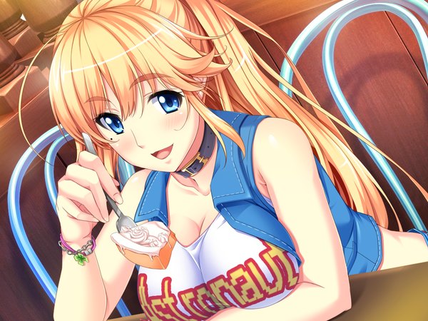 Anime picture 1024x768 with spocon! anna belmonte marushin (denwa0214) long hair blush blue eyes blonde hair game cg ponytail girl bracelet sweets cake