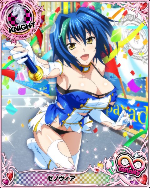 Anime picture 640x800 with highschool dxd xenovia quarta single tall image looking at viewer short hair breasts open mouth light erotic large breasts yellow eyes blue hair cleavage multicolored hair two-tone hair streaked hair torn clothes card (medium) girl thighhighs