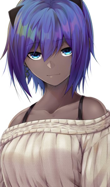 Anime picture 857x1457 with fate (series) fate/prototype: fragments of blue and silver fate/prototype hassan of serenity (fate) shunga (shun608) single tall image looking at viewer fringe short hair breasts blue eyes simple background hair between eyes white background bare shoulders holding purple hair upper body light smile