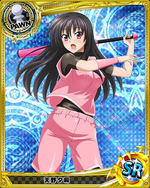 Anime picture 640x800 with highschool dxd raynare (dxd) single long hair tall image looking at viewer blush open mouth black hair purple eyes card (medium) girl uniform shorts gym uniform baseball bat