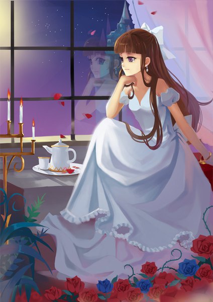 Anime picture 595x841 with original amg192003 single long hair tall image fringe smile brown hair sitting purple eyes looking away blunt bangs night arm support puffy sleeves night sky reflection chin rest sad different reflection