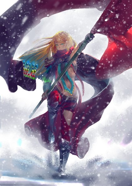 Anime picture 992x1403 with original karasu-san (syh3iua83) single long hair tall image looking at viewer blush blonde hair standing holding aqua eyes wind snowing winter snow girl gloves navel elbow gloves belt