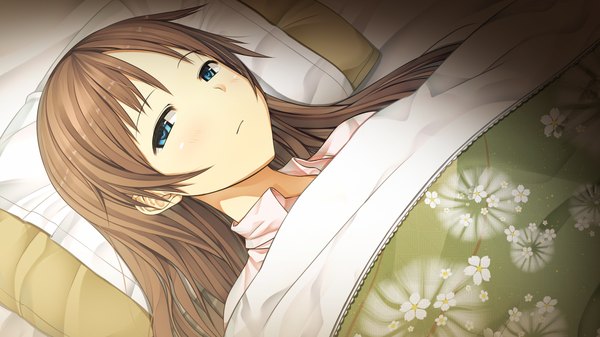 Anime picture 2560x1440 with monobeno sawai natsuha cura long hair highres blue eyes brown hair wide image game cg lying girl