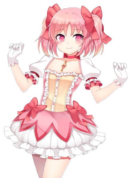 Anime picture 1500x2000 with mahou shoujo madoka magica shaft (studio) kaname madoka papo single tall image blush fringe short hair simple background smile standing white background twintails pink hair pink eyes arm up short sleeves leaning puffy sleeves