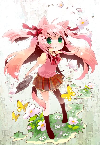 Anime picture 1535x2230 with original moonyan single long hair tall image blush green eyes animal ears pink hair ahoge animal tail cat ears cat girl cat tail no shoes girl skirt uniform hair ornament flower (flowers)