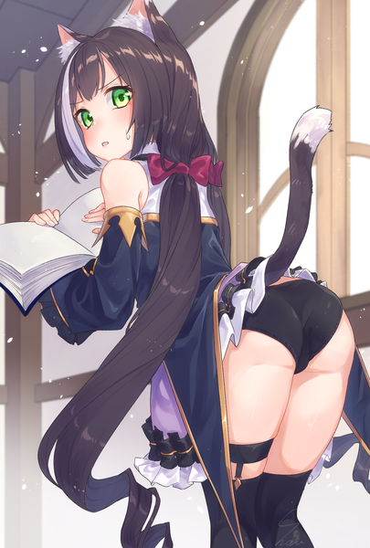 Anime picture 1378x2039 with princess connect! re:dive princess connect! karyl (princess connect!) sho bu 1116 single tall image looking at viewer blush fringe open mouth light erotic black hair standing twintails holding green eyes animal ears ass indoors tail