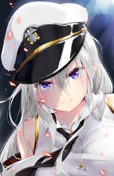 Anime picture 1100x1700 with azur lane enterprise (azur lane) t-bth single long hair tall image looking at viewer fringe breasts simple background hair between eyes purple eyes bare shoulders payot silver hair upper body wind sunlight gradient background dark background