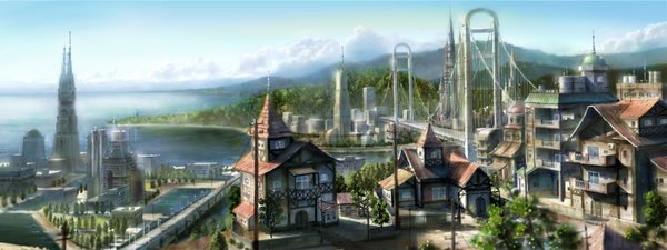 Anime picture 3198x1200 with miyahara shuta highres wide image city cityscape panorama plant (plants) tree (trees) water building (buildings) house bridge