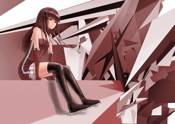 Anime picture 3508x2480 with original menka single long hair looking at viewer highres brown hair sitting brown eyes looking away absurdres girl dress detached sleeves thigh boots