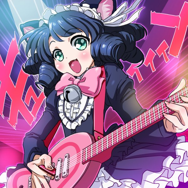 Anime picture 800x800 with show by rock!! studio bones cyan (show by rock!!) strawberry heart yazwo single long hair blush fringe open mouth black hair animal ears looking away fingernails green hair cat ears fang (fangs) drill hair playing instrument girl