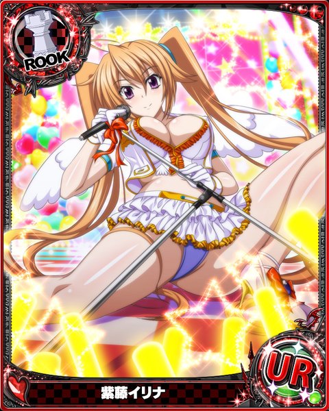 Anime picture 640x800 with highschool dxd shidou irina single tall image looking at viewer breasts light erotic brown hair purple eyes twintails very long hair card (medium) girl skirt gloves underwear panties miniskirt wings white gloves