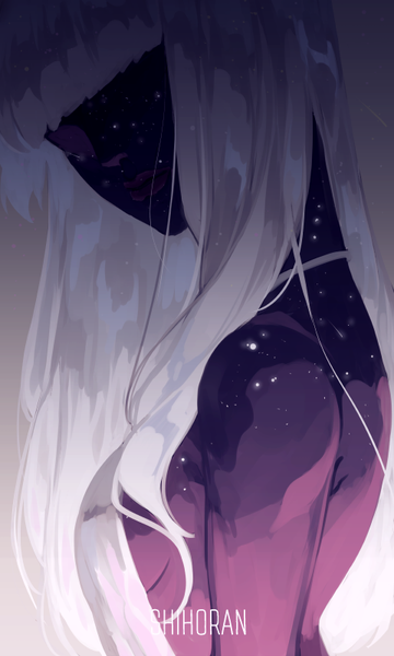 Anime picture 480x800 with original shihoran single long hair tall image fringe upper body white hair blunt bangs turning head no face girl star (stars)