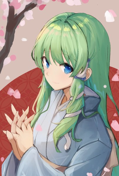 Anime picture 787x1165 with touhou kochiya sanae ur9750 single long hair tall image looking at viewer blue eyes upper body traditional clothes japanese clothes green hair from above interlocked fingers girl petals kimono hair tubes