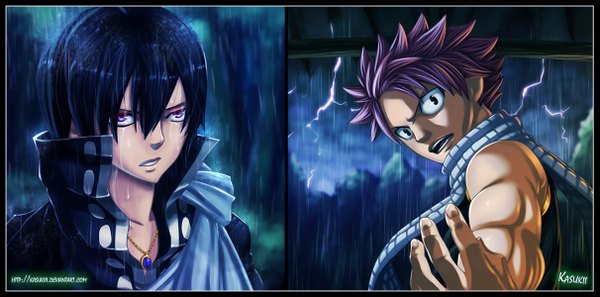Anime picture 2421x1200 with fairy tail natsu dragneel zeref kasukiii highres short hair open mouth black hair red eyes wide image pink hair black eyes coloring rain multiview muscle framed lightning boy plant (plants)