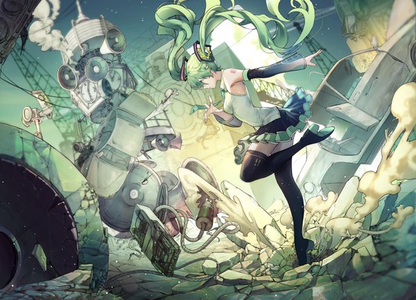 Anime picture 6437x4654 with vocaloid hatsune miku mieyuckman single highres standing twintails looking away absurdres sky full body very long hair profile aqua hair zettai ryouiki outstretched arm standing on one leg destruction girl dress