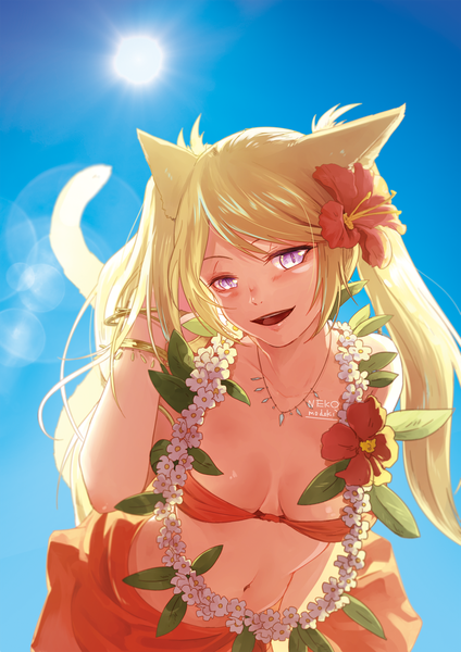 Anime picture 1061x1500 with final fantasy final fantasy xiv square enix miqo'te lili mdoki single long hair tall image looking at viewer blush fringe breasts open mouth light erotic blonde hair twintails purple eyes animal ears sky cleavage