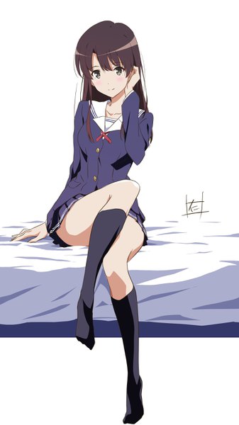 Anime picture 1536x2736 with saenai heroine no sodatekata a-1 pictures katou megumi nii manabu single long hair tall image blush fringe brown hair white background sitting brown eyes signed full body no shoes adjusting hair girl uniform socks