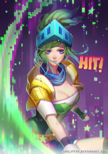 Anime picture 620x877 with league of legends riven (league of legends) arcade riven songjikyo single tall image looking at viewer short hair breasts blue eyes green hair girl belt clothes