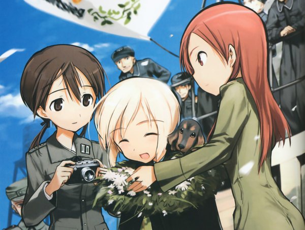 Anime picture 2107x1588 with strike witches erica hartmann gertrud barkhorn minna-dietlinde wilcke shimada fumikane highres open mouth blonde hair red eyes brown hair brown eyes sky red hair eyes closed uniform flower (flowers) military uniform dog camera