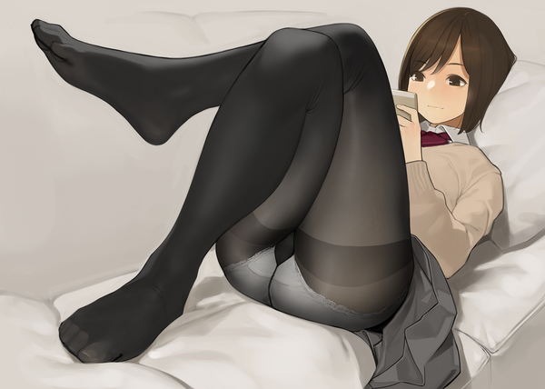 Anime picture 2071x1480 with original yomu (sgt epper) single fringe highres short hair light erotic brown hair holding brown eyes looking away full body bent knee (knees) indoors lying pleated skirt light smile no shoes legs crossed legs