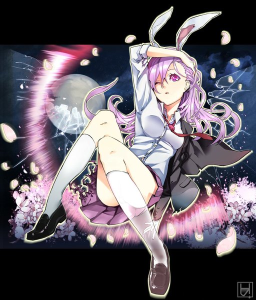 Anime picture 972x1140 with touhou reisen udongein inaba hato (ryusui) single long hair tall image purple eyes signed animal ears purple hair one eye closed wink bunny ears transparent girl petals socks moon white socks full moon