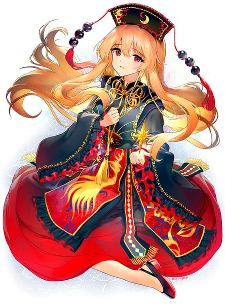 Anime picture 900x1215 with touhou junko (touhou) ainy single long hair tall image fringe blonde hair hair between eyes red eyes sitting signed full body from above wide sleeves twitter username floating hair adapted costume girl headdress