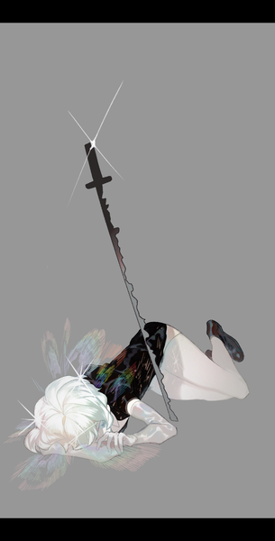 Anime picture 723x1420 with houseki no kuni diamond (houseki no kuni) lunch (lunchicken) single tall image short hair simple background white hair lying grey background sparkle letterboxed shiny androgynous thighhighs gloves weapon white thighhighs sword elbow gloves