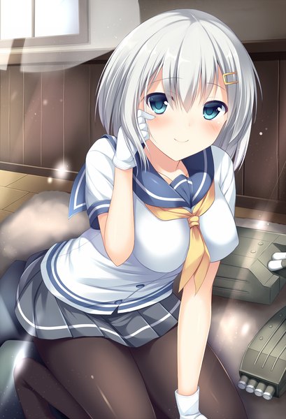 Anime picture 1394x2046 with kantai collection hamakaze destroyer tomoo (tomo) single tall image looking at viewer blush short hair breasts blue eyes smile white hair girl skirt weapon pantyhose black pantyhose sailor suit