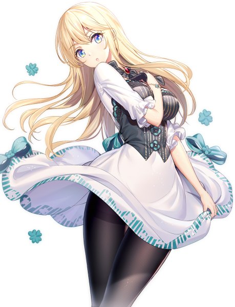 Anime picture 919x1200 with original saegusa futaba ririko (zhuoyandesailaer) single long hair tall image looking at viewer blush fringe breasts open mouth blue eyes simple background blonde hair hair between eyes large breasts standing white background :o thigh gap