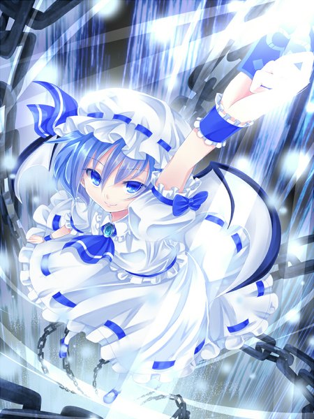 Anime picture 800x1066 with touhou remilia scarlet aru gunsou single tall image looking at viewer short hair blue eyes smile blue hair girl dress chain bonnet card (cards)