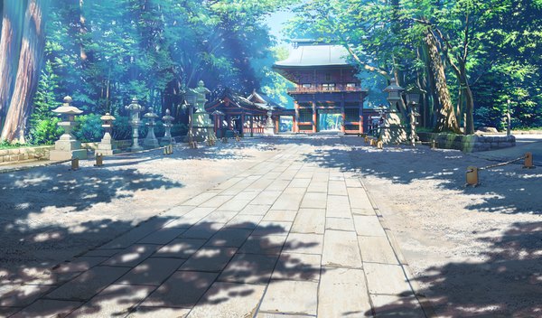 Anime picture 1360x800 with shoujo shin'iki wide image game cg shadow no people landscape plant (plants) tree (trees) road shrine