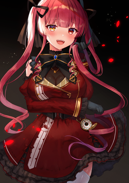 Anime picture 1240x1754 with virtual youtuber hololive houshou marine houshou marine (3rd costume) kura noi single long hair tall image blush fringe breasts open mouth large breasts standing twintails red hair blunt bangs :d heterochromia official alternate costume