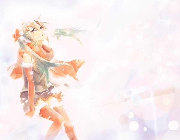 Anime picture 1200x937 with vocaloid hatsune miku keepout single long hair twintails bare shoulders brown eyes pleated skirt aqua hair snowing looking up winter girl thighhighs skirt gloves ribbon (ribbons) hair ribbon elbow gloves