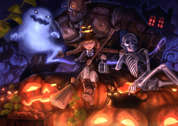 Anime picture 1432x1013 with golem damin (won) open mouth brown hair braid (braids) pink eyes teeth fang (fangs) glowing halloween glowing eye (eyes) ghost witch skeleton girl hat animal boots cat cloak