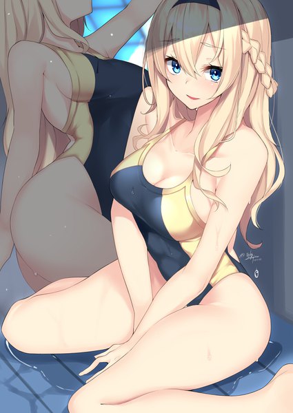 Anime picture 2508x3541 with kantai collection warspite (kantai collection) nebusoku long hair tall image looking at viewer blush fringe highres breasts open mouth blue eyes light erotic hair between eyes large breasts sitting bare shoulders signed cleavage ass