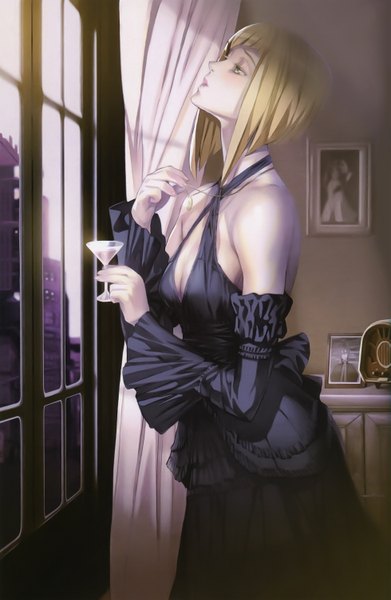 Anime picture 3916x6000 with tatakau shisho the book of bantorra milepoch finedel maeshima shigeki single tall image fringe highres short hair blonde hair bare shoulders holding yellow eyes looking away absurdres indoors sunlight scan city cityscape girl