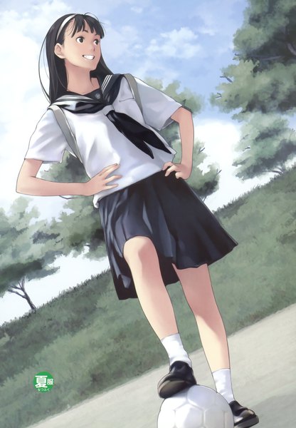 Anime picture 1698x2448 with original kamo (gafas) single long hair tall image fringe black hair smile looking away sky outdoors blunt bangs black eyes hands on hips girl skirt uniform plant (plants) tree (trees) socks