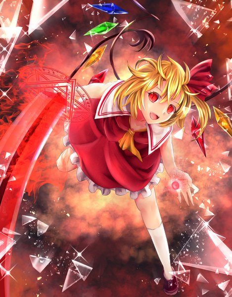 Anime picture 1920x2456 with touhou flandre scarlet sinkai single tall image looking at viewer fringe highres short hair open mouth blonde hair hair between eyes red eyes standing :d magic side ponytail standing on one leg slit pupils frilly skirt