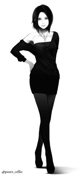Anime picture 2300x4961 with original poaro tall image looking at viewer highres short hair black hair simple background smile standing white background full body high heels hand on hip monochrome girl dress black dress pendant short dress