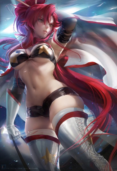 Anime picture 2532x3700 with tengen toppa gurren lagann gainax yoko littner sakimichan single tall image blush fringe highres breasts light erotic hair between eyes standing holding brown eyes looking away cleavage red hair very long hair parted lips