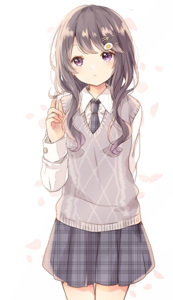 Anime picture 1716x2976 with original tukimisou0225 single long hair tall image looking at viewer blush fringe highres black hair simple background standing white background purple eyes payot long sleeves plaid skirt wavy hair arm behind back girl
