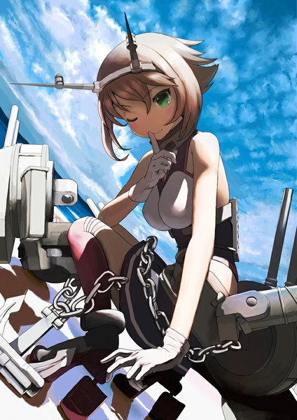 Anime picture 724x1024 with kantai collection mutsu battleship mocha (snowflake) single tall image looking at viewer blush short hair brown hair green eyes sky cloud (clouds) one eye closed wink sunlight finger to mouth squat girl thighhighs skirt
