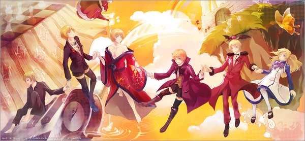 Anime picture 1404x652 with kuroshitsuji a-1 pictures alois trancy blonde hair wide image cloud (clouds) japanese clothes barefoot holding hands flying otoko no ko multiple persona thighhighs dress boy boots kimono insect butterfly suit
