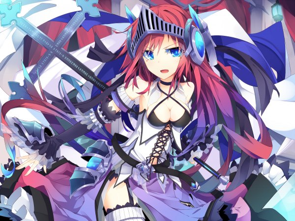 Anime picture 1200x900 with original ichiyan (artist) single long hair looking at viewer breasts open mouth blue eyes red hair midriff girl dress weapon detached sleeves armor