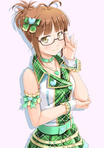 Anime picture 827x1169 with idolmaster akizuki ritsuko miri (ago550421) single tall image looking at viewer blush short hair simple background smile brown hair white background yellow eyes check my note girl dress bow hair bow glasses